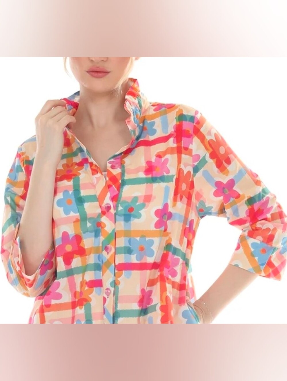 Terra SJ Apperal Floral Plaid Button-Up Women's Top in Multicolor Size M
